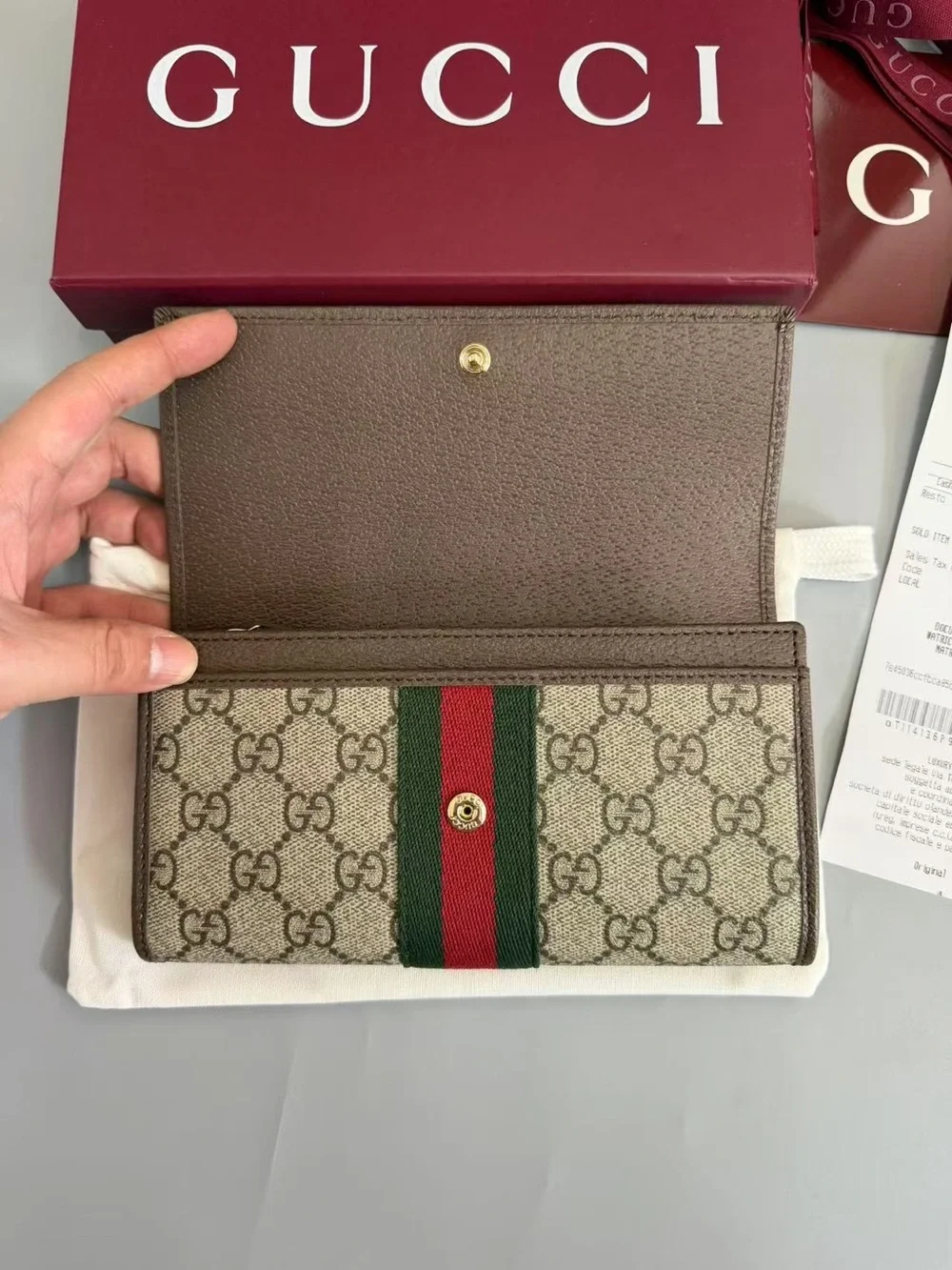 Gucci Beige GG Supreme Continental Wallet with Green and Red Web Stripe